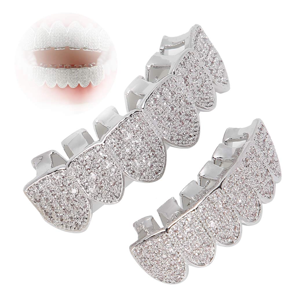 HURRISECold‑Plated Copper Grillz Teeth, Hip Hop Bling Grillz Top Grillz Teeth Grillz Beautymisc Teeth Decoration For For Teethers Halloween Party (Silver)