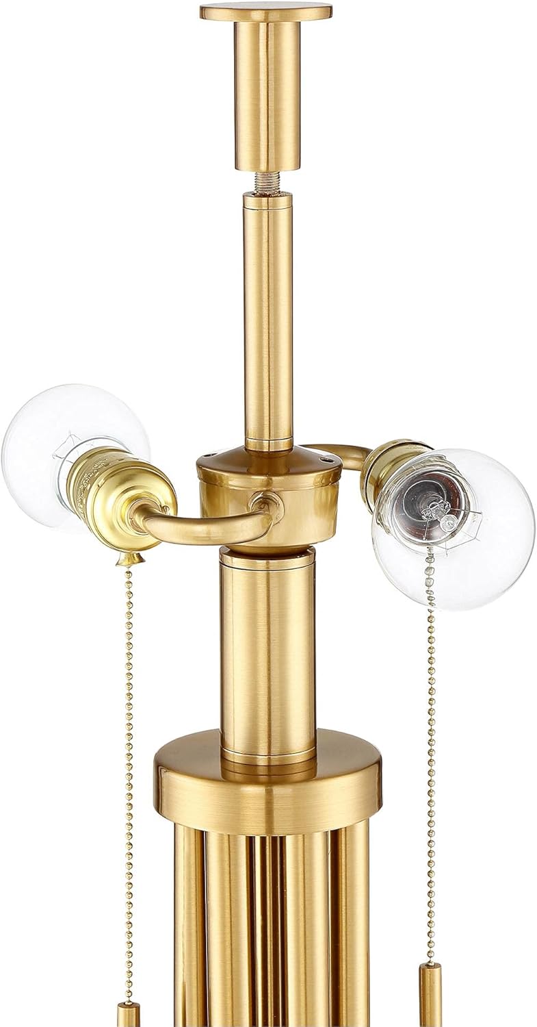 Possini Euro Design Granview Modern Table Lamp 32 1/2" Tall Brass Column Taupe Organza Outer Off White Linen Inner Drum Shade for Bedroom Living Room House Bedside Nightstand Home Office Entryway