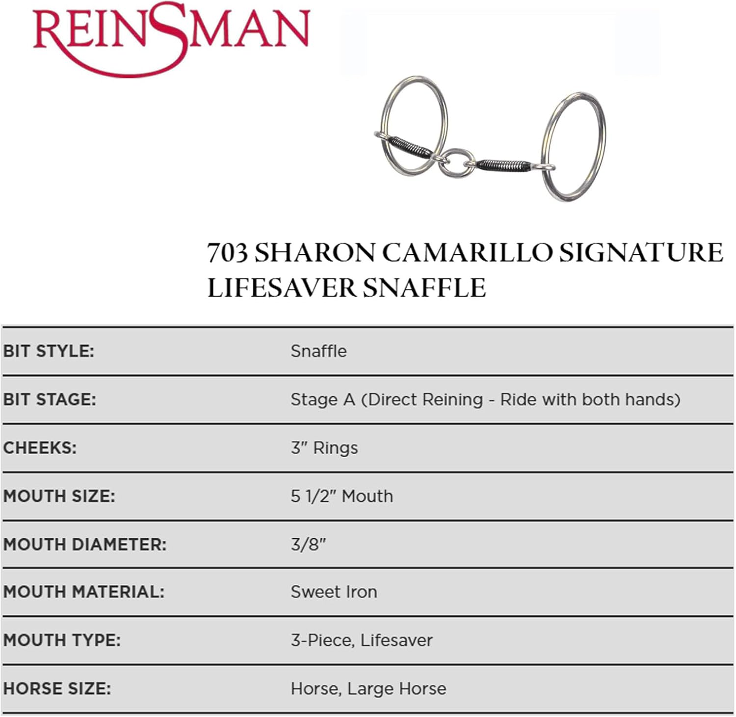 Reinsman 703 Sharon Camarillo Signature Lifesaver Snaffle | Stage A 3" Ring Snaffle with 5.5" Sweet Iron 3-Piece Lifesaver Mouthpiece | Training & Direct Reining Bit for Horses