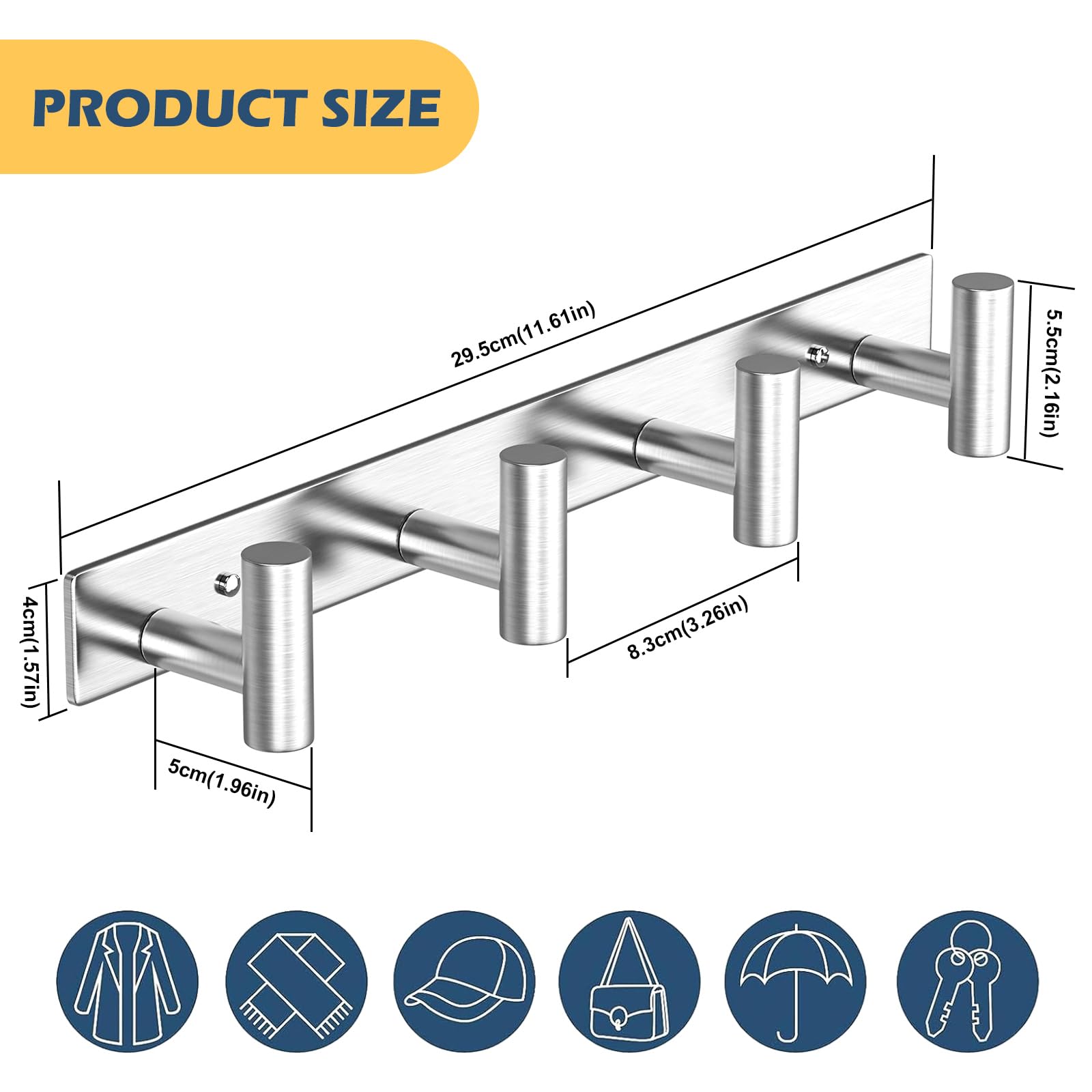HUFEEOH Coat Rack Wall Mount, Silver T Shaped 4 Hooks Coat Hooks for Bathroom, Heavy Duty Wall Hooks Towel Hooks for Hanging, Stainless Steel Purse Hanger Towel Rack for Mudroom Bathroom Entryway