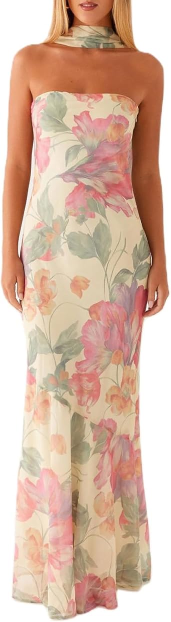 Acrawnni Women Y2k Floral Tube Maxi Dress with Scarf Sleeveless Strapless Backless Mesh Long Bodycon Dresses Formal Cocktail Sundress