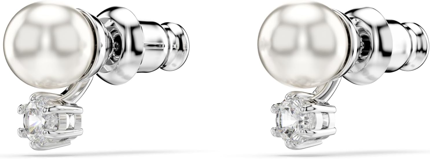 Swarovski Matrix stud earrings, Crystal pearl, Round cut, White, Rhodium Finish