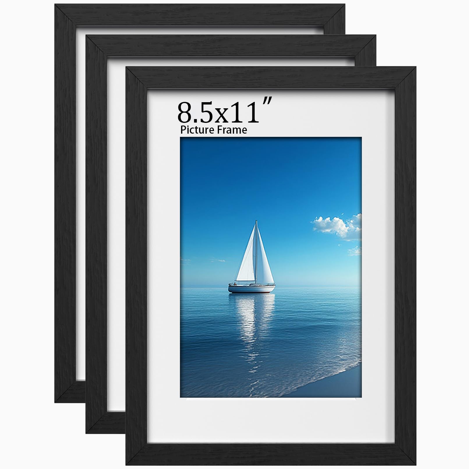 LVAOUO 3Pack 8.5x11 Picture Frames, Wooden 8.5x10 Photo Frame 21.5 x 27.9cm, Versatile Frame Black, Display, Landscape or Portrait Orientation-with Plexiglass and Stand, Wall-Mount & Desk