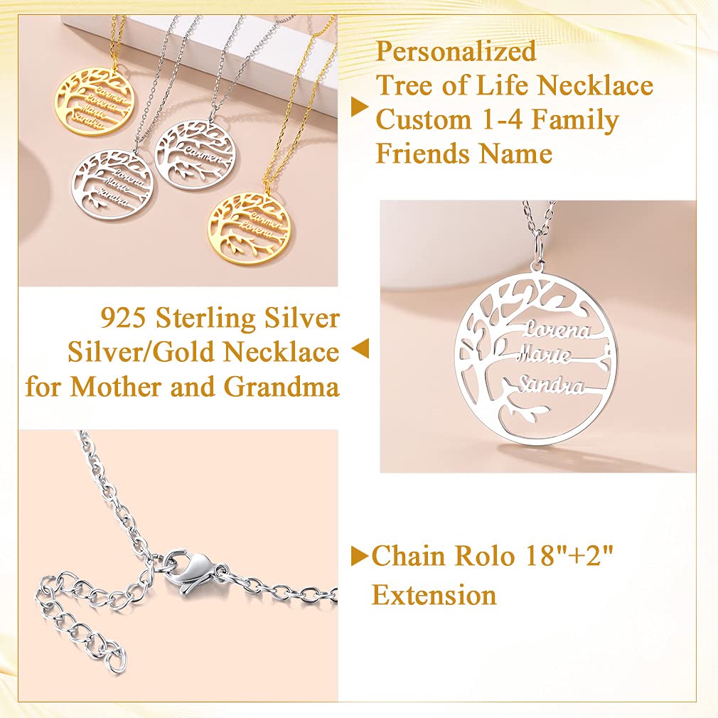 Custom4U Collar Mujer Arbol de Vida con Nombres Personalizados Colgante Redondo/Corazón Acero Inoxidable 316L / Plata de Ley 925 con 1/2/3/4/5/6 /7/8 Nombres Regalo Madre Pareja Familia