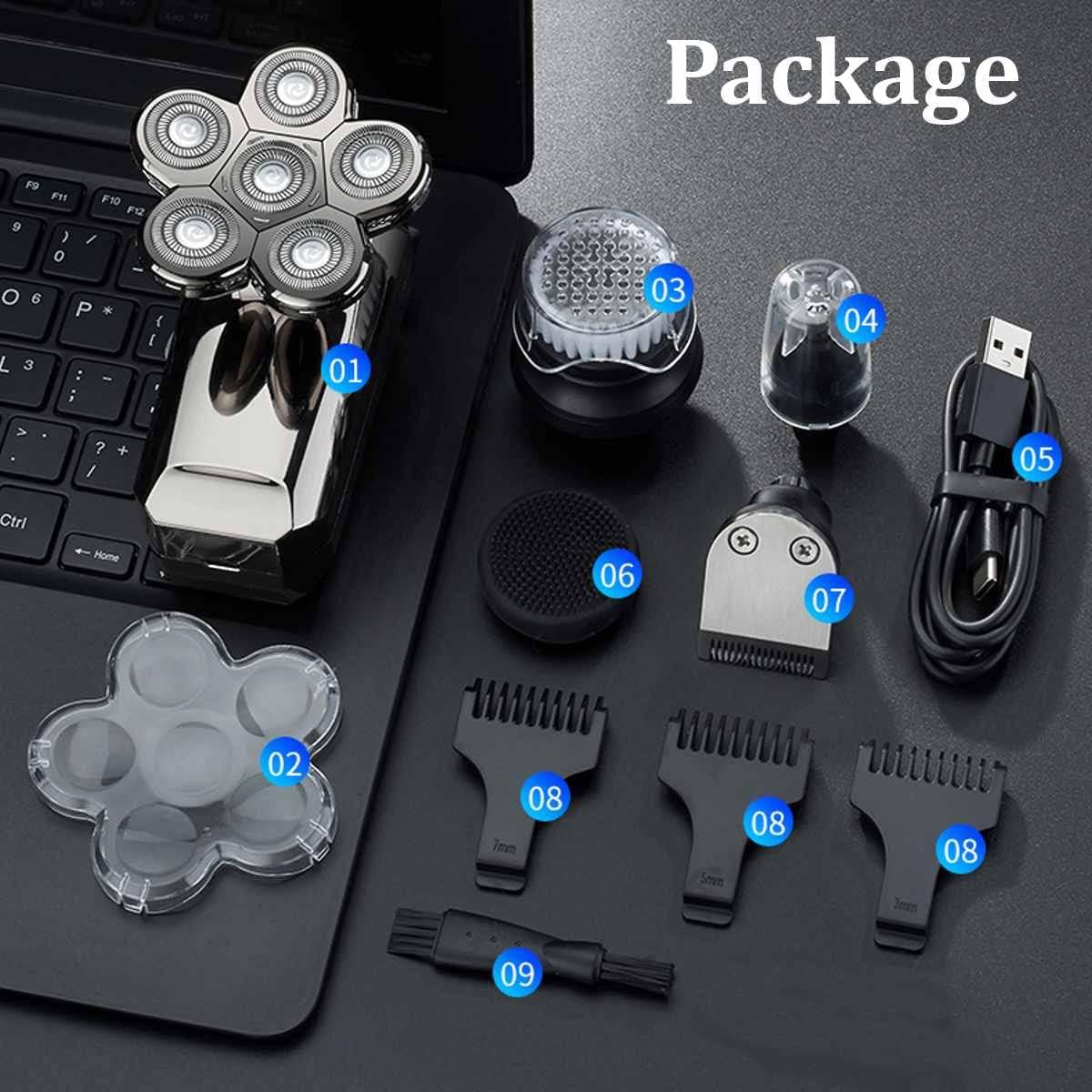 Head Shavers for Bald Men, 8in1 Rechargeable Electric Shaver Five Floating Heads Razors Hair Clipper Nose Ear Hair Trimmer Men Facial Cleaning Brush (Color : Shaver)