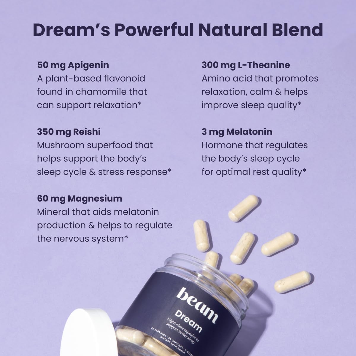 Beam Dream Sleep Capsules, L-Theanine, Apigenin, Reishi and Magnesium, Third Party Tested Natural Sleep Aid & Sleep Supplement for Deep Sleep, Relaxation and Recovery, Sleep Support, 30 Servings - Image 6