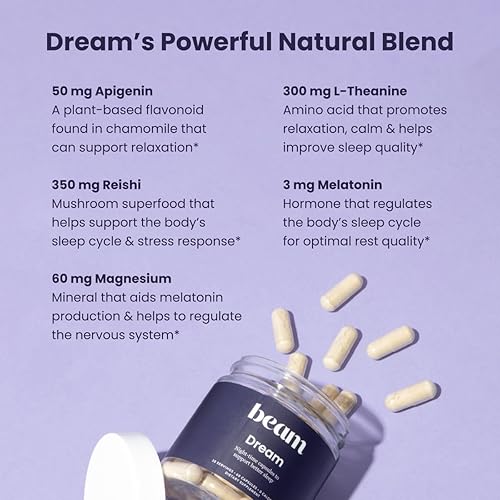 Miniatura 6 de Beam Dream Sleep Capsules, L-teanina, apigenina, reishi y magnesio, ayuda natural para dormir probada por terceros y suplemento para dormir para