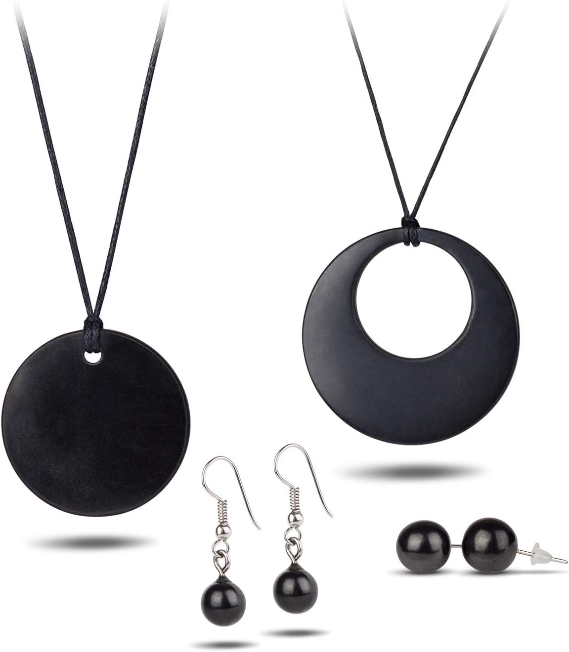 Heka Naturals Shungite Crystal Set | 2 Pendants and 2 Earring Sets | Healing Crystals & Chakra Necklace - Gemstone Accessories for Men & Women - Spiritual and Joyous Gifts