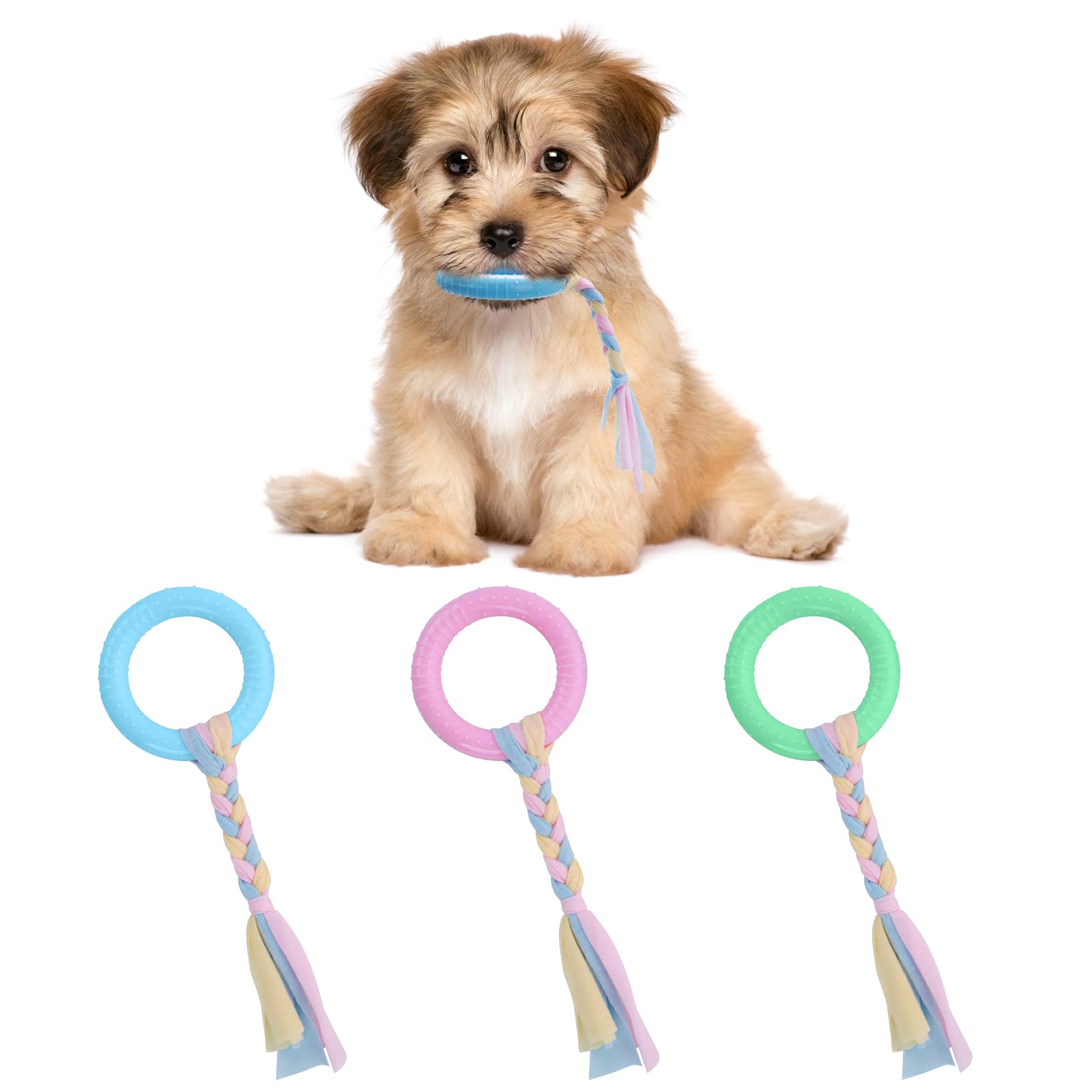 Cobee Juguetes de dentición para Cachorros con Cuerdas de algodón, 3 Anillos de Goma para Masticar Perros pequeños, Dientes orales calmar la picazón, interactivos para Mascotas(Rosa, Verde, Azul)