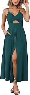 Women 2025 Summer Spaghetti Strap Midi Dress Sleeveless V Neck Cutout Slit Casual Beach Party Maxi Dresses Pockets