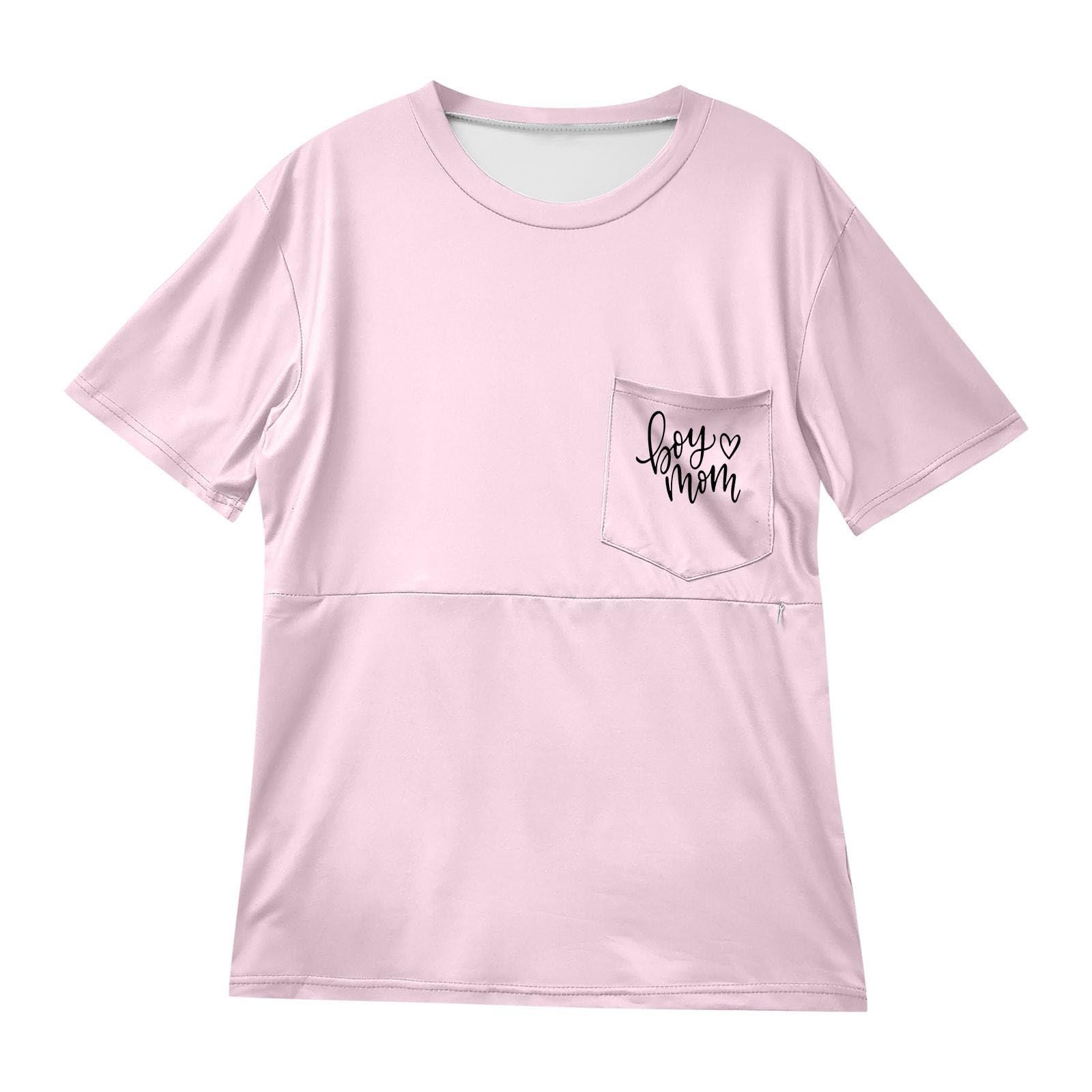 Generisch Chemisier de maternité - T-shirt d'allaitement confortable pour femme avec fermeture éclair - Haut sur-ventre - Vêtement d'allaitement pratique avec poche - Design de grossesse, Rose, L