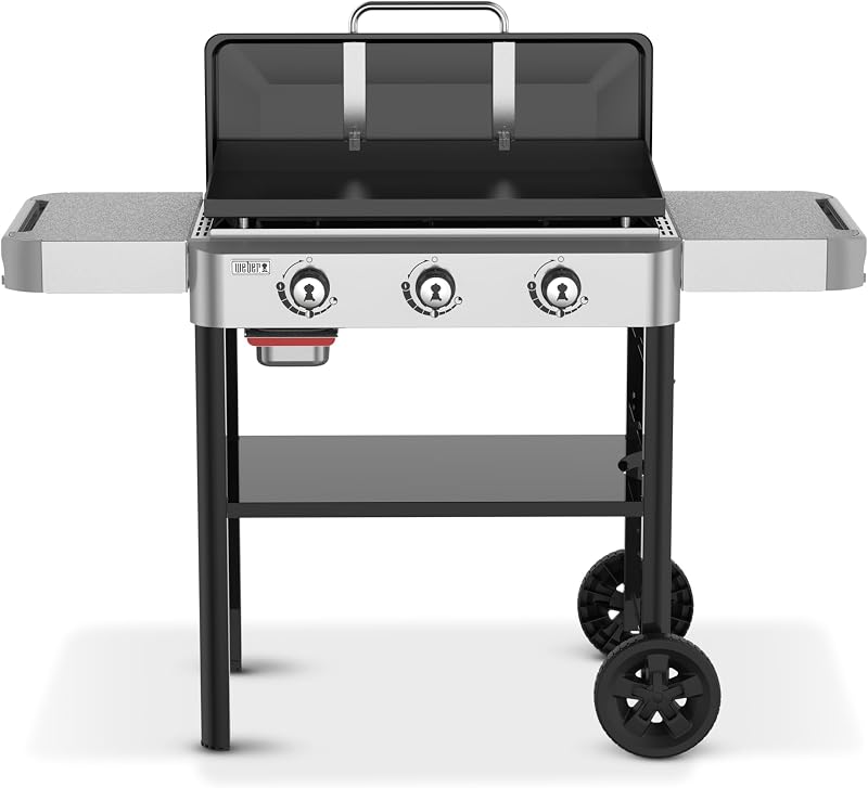 Plancha resistente al óxido de 28", plancha de propano, plancha para exteriores, negra | 3 quemadores, parte superior plana presazonada que alcanza más de 500 °F, zonas de calor independientes, cubierta desmontable, plancha Weber para cocinar al aire libre