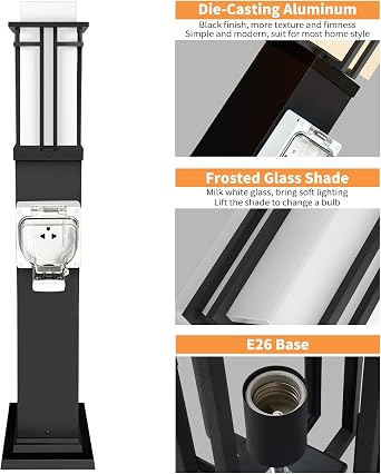 Outdoor Lamp Post with Outlet, Modern Post Light Fixture for Yard, Aluminum Lamp Pole Outdoor Lighting with Glass, Waterproof Outside Street Light for Pathway Garden Patio (40''H, 1 pc)