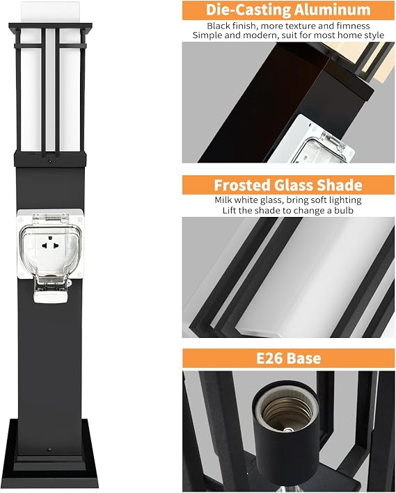 Outdoor Lamp Post with Outlet, Modern Post Light Fixture for Yard, Aluminum Lamp Pole Outdoor Lighting with Glass, Waterproof Outside Street Light for Pathway Garden Patio (40''H, 1 pc)