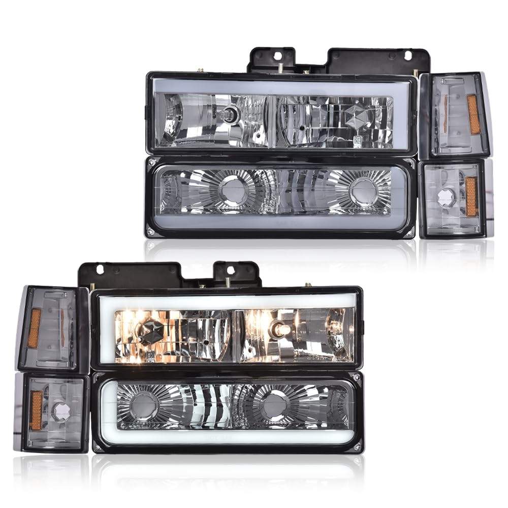 GRAND ORANGE LED Headlights Assembly Bumper Lamp W/Bulbs Compatible with 1994-1999 Chevy GMC C/K Fit 1994-1999 Chevy Suburban C/K Fit 1995-1999 Chevy Tahoe Smoke Lens Chrome Housing Amber Reflector