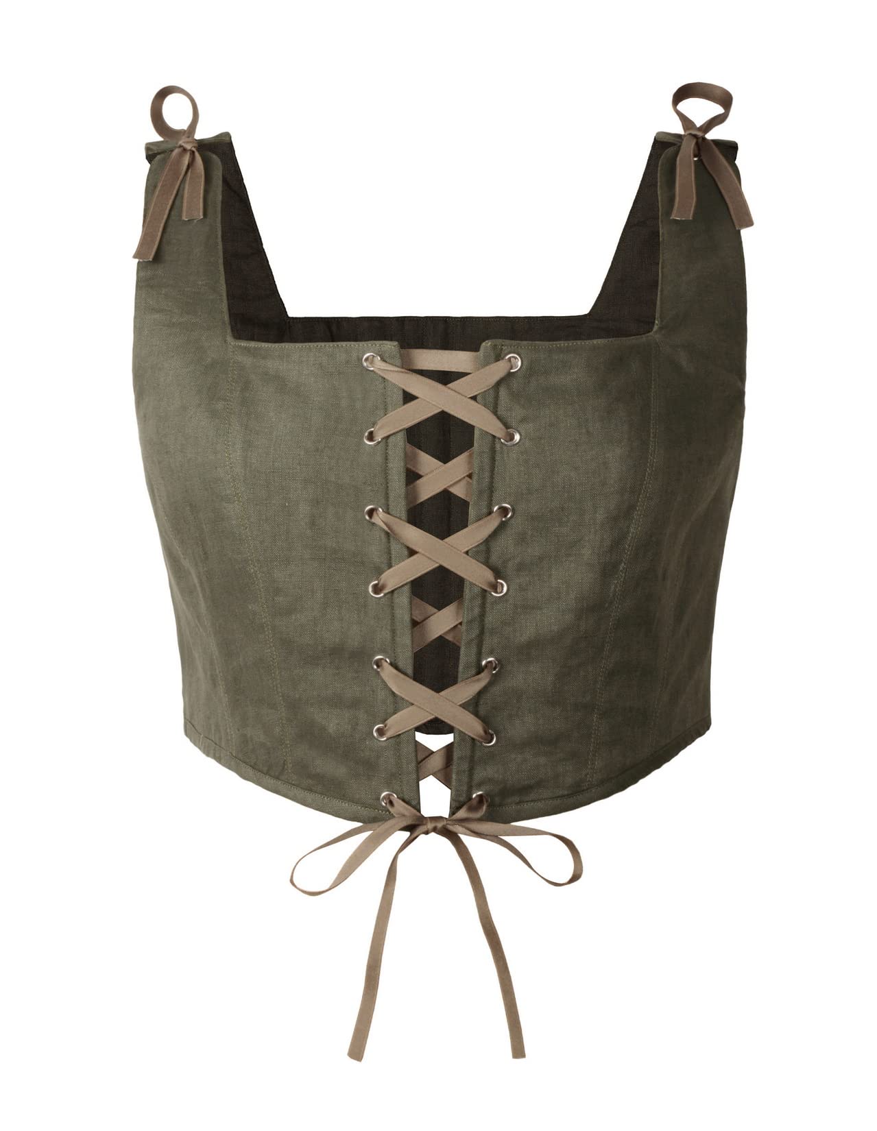 Reminisce Boutique Renaissance Corset Linen Vintage Boned Bodice Ren Faire, Olive, Small
