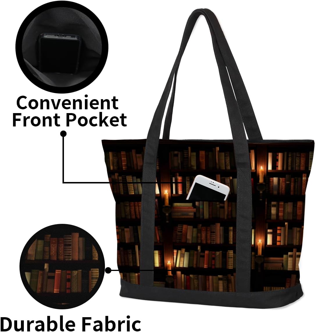 Vintage Library Bookshelf Tote Bag Tote Bag for Women Reusable Grocery Shopping Cloth Bags with Zipper Large Capacity Foldable Handbag Gym Bag for Gift Activity
