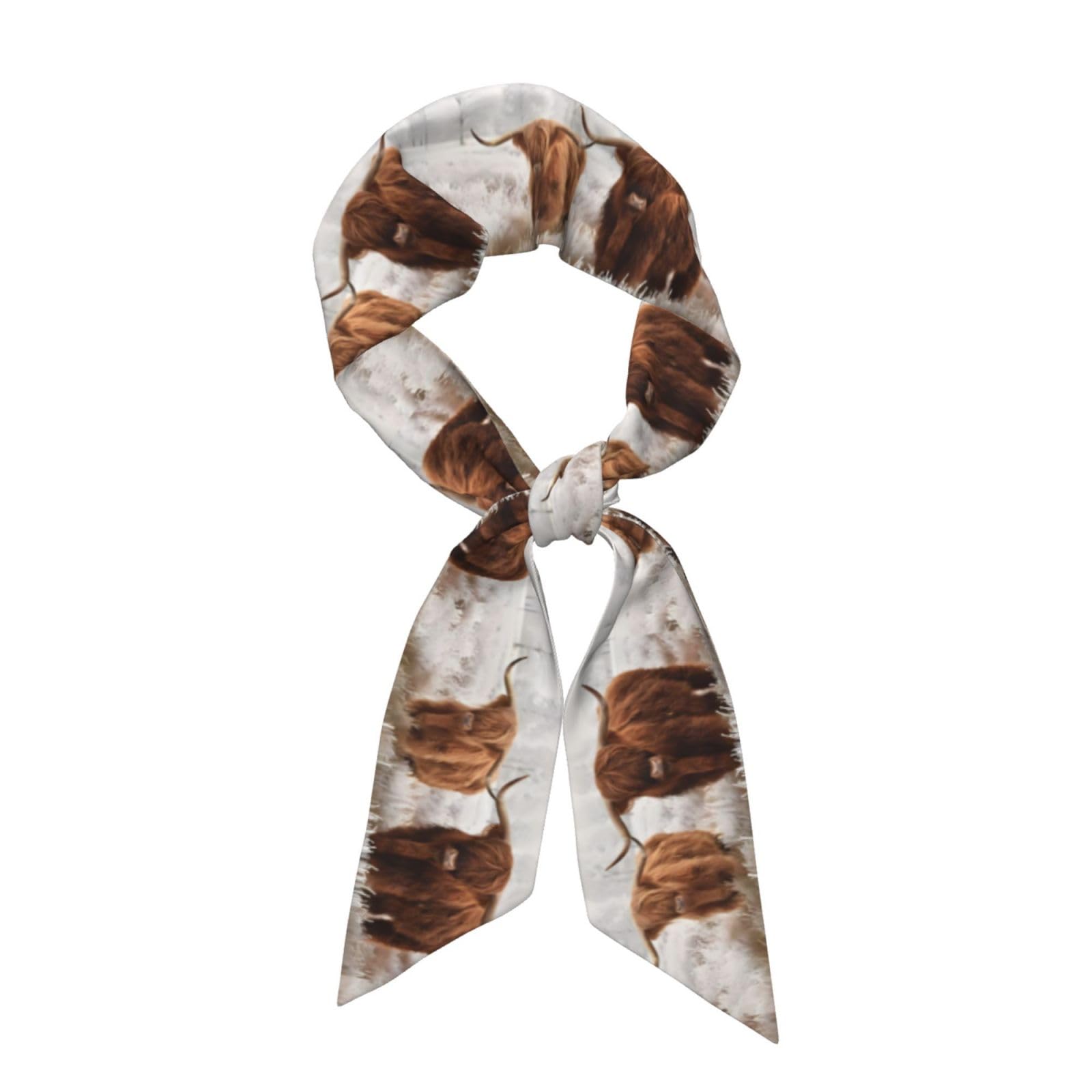 Whjshop Women's Black Scottish Highland Cow Printed Long Strip Silk Scarf For Soft And Smooth Strip, Handbag Accessories