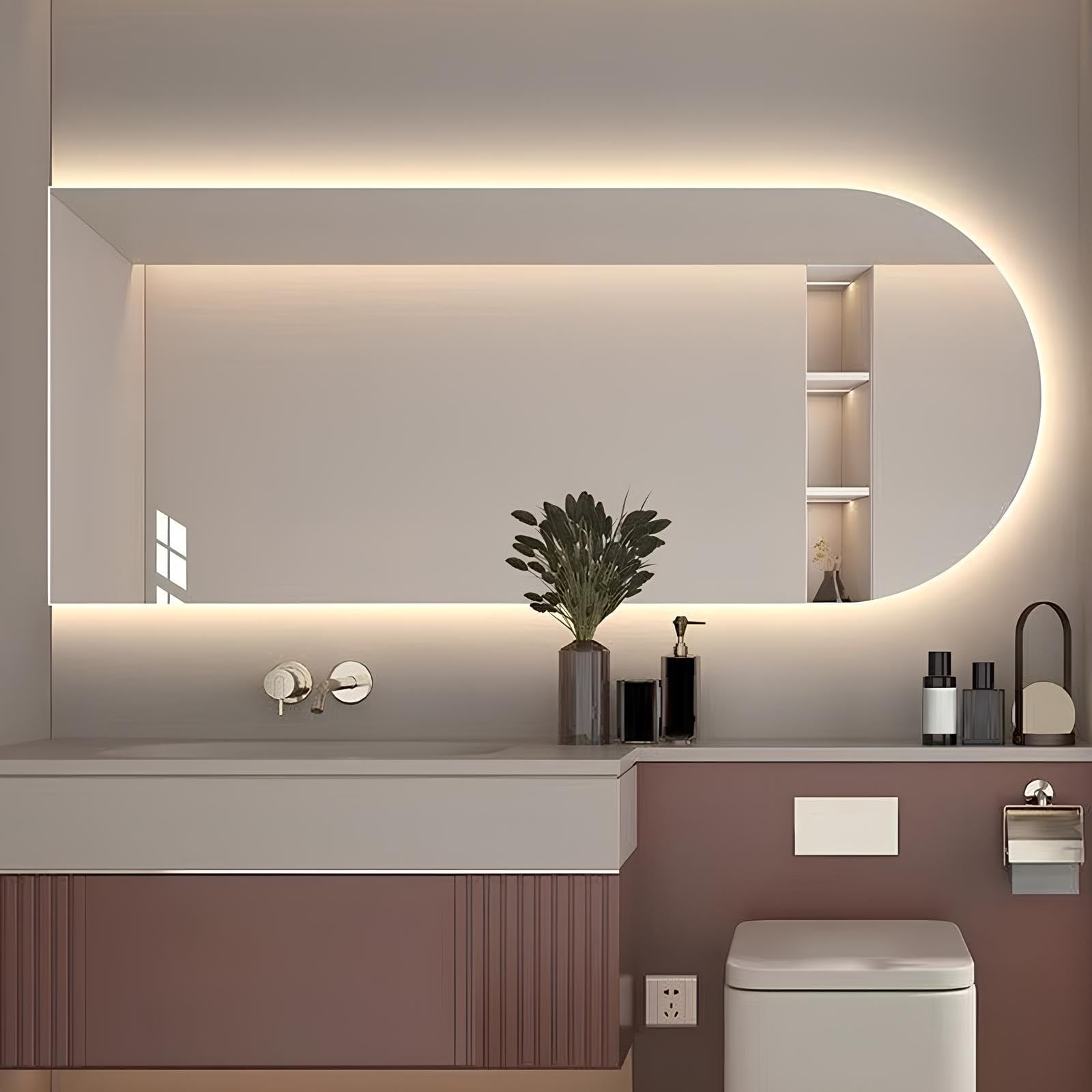 FGXHHS Arched Wall Mounted Vanity Mirror With Lights, 40×70 Cm, 50× 90 Cm Dimmable LED Backlit, Anti-Fog, Touch Control, IP44 Waterproof(Left Cut,60x90cm/23.6x35.4in)