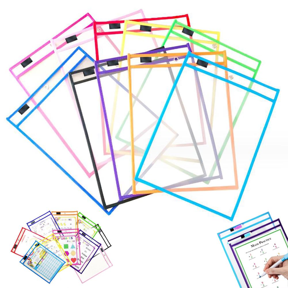 10 Piezas Dry Erase Pocket A4 Reusable Dry Erase Pocket Fundas Plástico para Escribir Transparente Bolsa de Borrado en Seco para Estudio Oficina Papelería Suministros