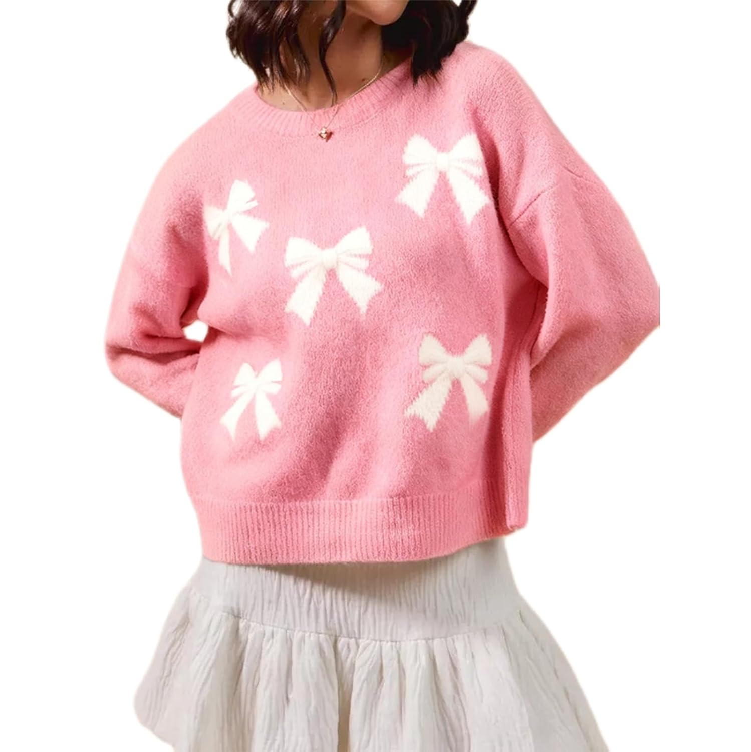 Women Casual Loose Sweater Heart Print Oversized Knitted Romantic Sweatshirt Long Sleeve Pullover Tops