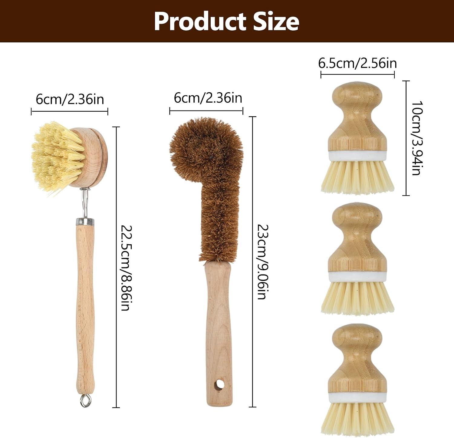 5 Pack Bamboo Dish Brush Set, Natural Kitchen Scrubber & Bottle Brush, Wooden Dish Brush for Cleaning Dishes, Pots, Pans, Bottles, Vegetables, Sinks, Woks
