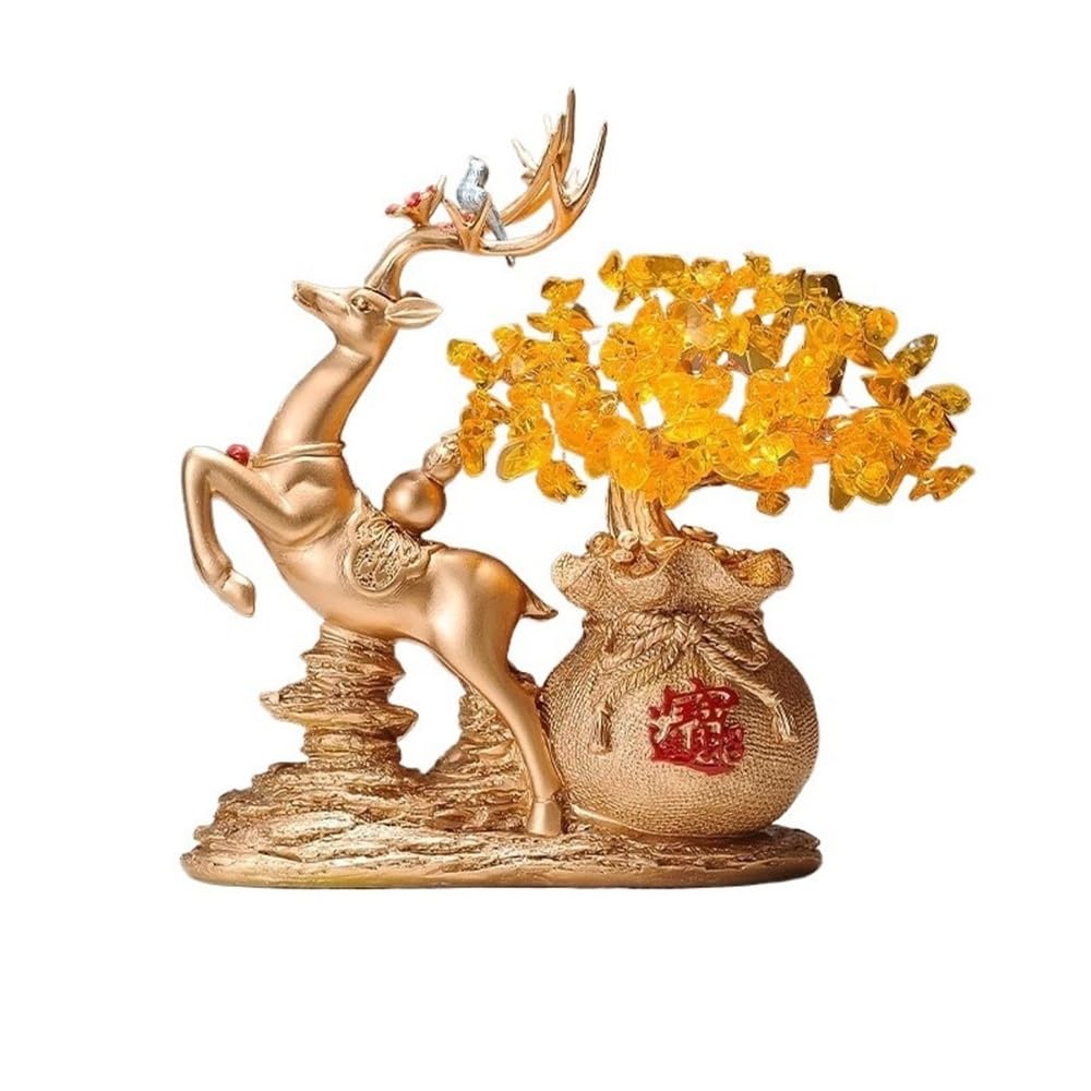 Fortune Crystal Trees Home Fortune Deer Ornament, Citrine Money Tree, Living Room Entryway Wine Cooler Decorations(Gold)