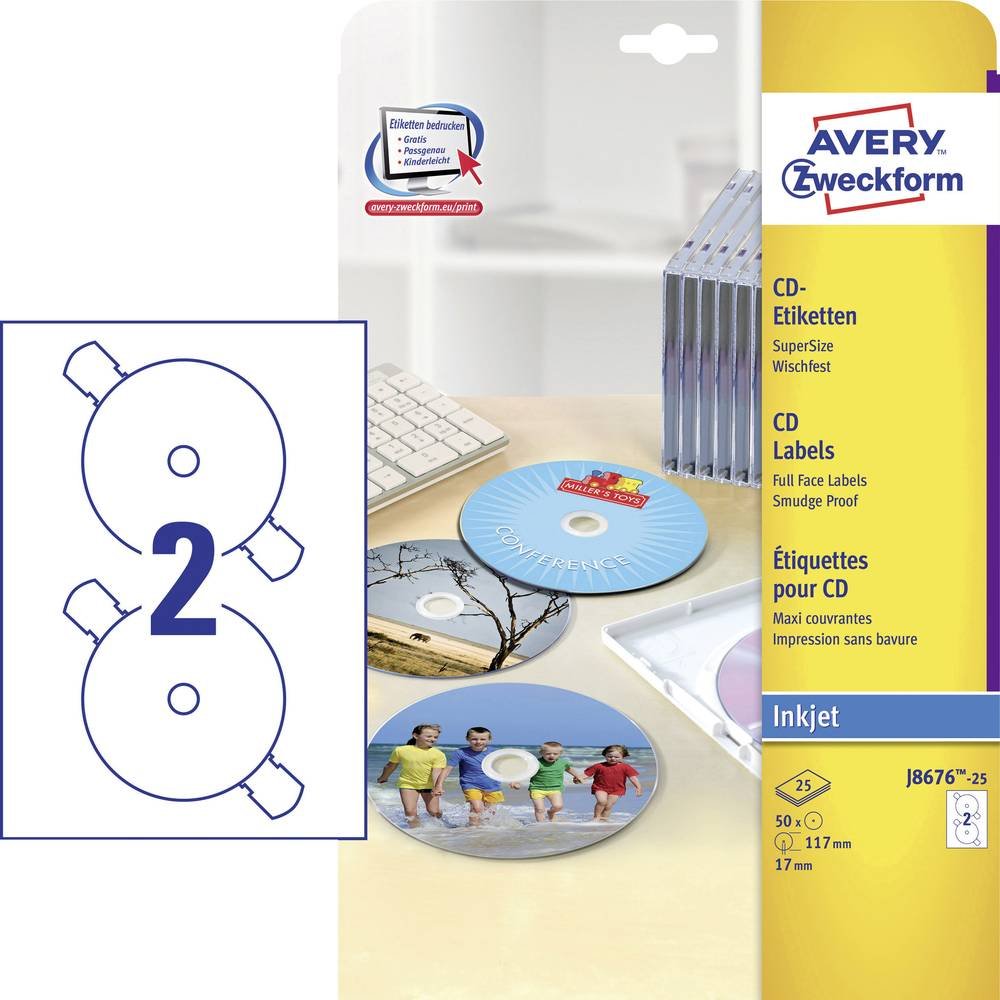 AVERY Zweckform J8676-25 selbstklebende CD-Etiketten (50 blickdichte CD-Aufkleber, Ø 117mm auf A4, SuperSize, Papier matt, bedruckbare Klebeetiketten für alle Inkjet-Drucker) 25 Blatt, weiß