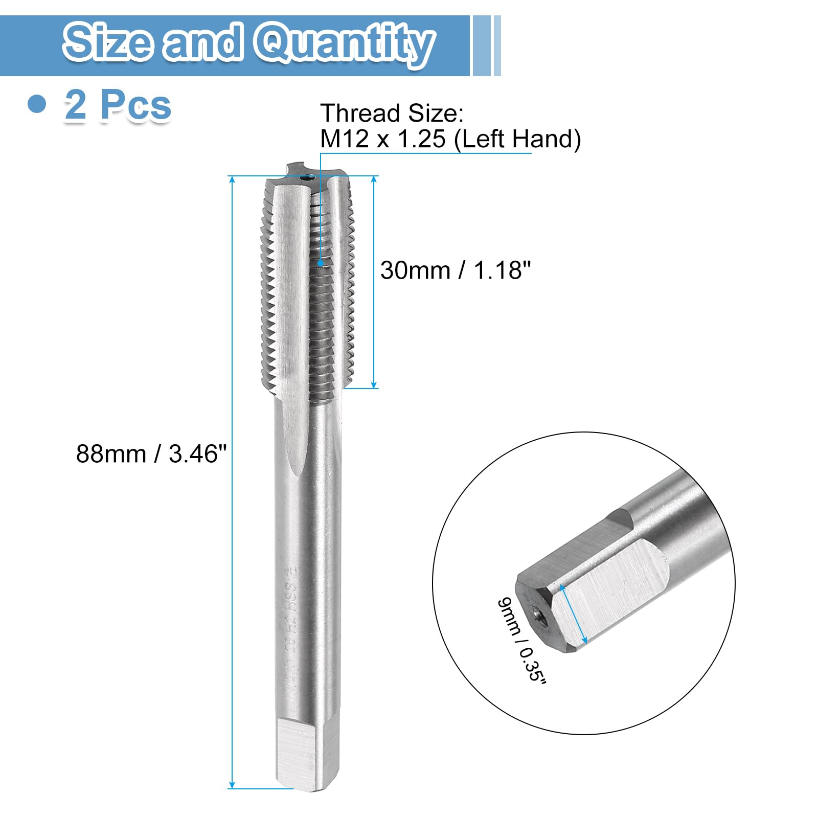 QUARKZMAN 2 Piezas de Macho de Roscar de Flauta Recta, M12 X 1.25 Rosca Métrica Izquierda Herramienta de Roscado de Tornillo Fresadora de Rosca de Alta Velocidad de Acero 6542 (Hss 6542)