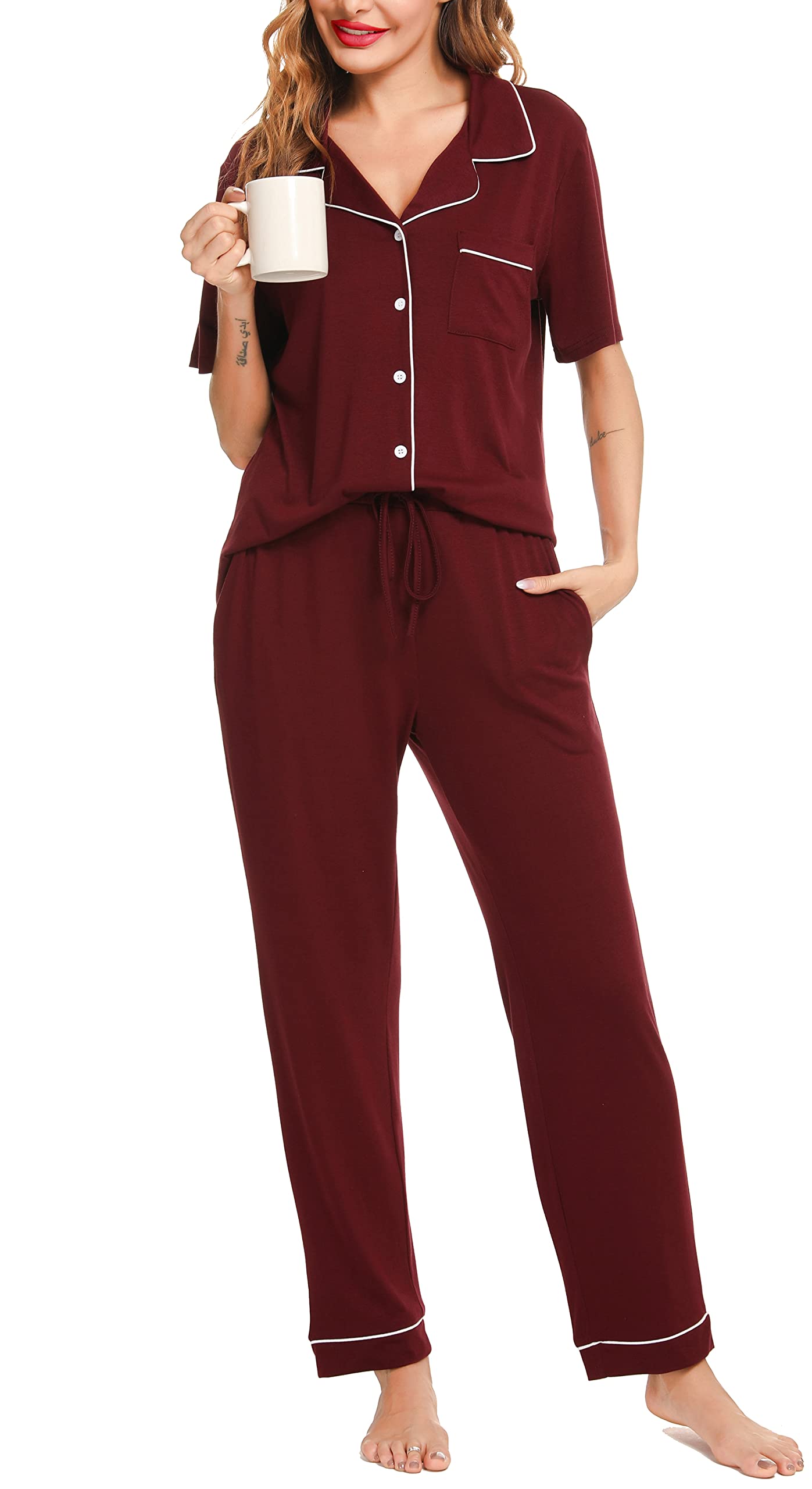 Lovasy Schlafanzug Damen Lang Kurzarm Pyjama mit Knöpfen Schlafanzüge für Damen Zweiteiliger Loungewear Set mit Taschen und Kordelzug