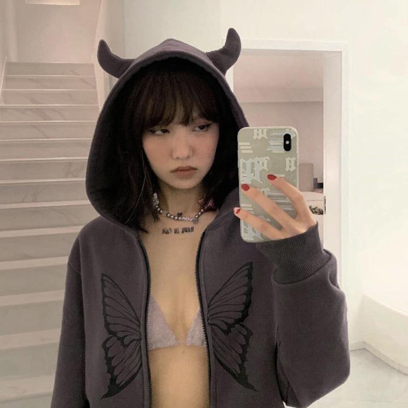 Abbigliamento Donna, Felpa con Cappuccio con Cerniera e Stampa a Farfalla da Donna Hip-Hop, Maglione Oversize da Donna, Grigio, S