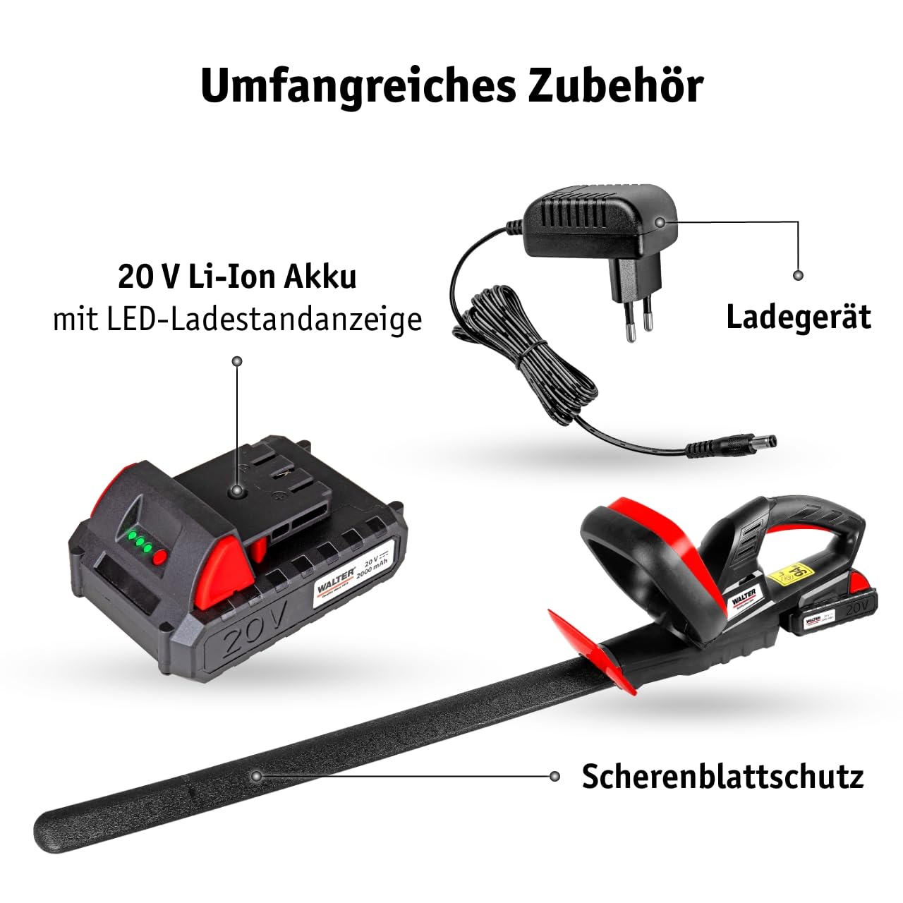 WALTER Li-Ion Akku-Heckenschere 20V, 45cm Schnittlänge | Zusatzhandgriff, Komfortables Arbeiten, schneidet präzise und ordentlich,Scharfes Metall Messer,längere Gartenarbeit geeignet