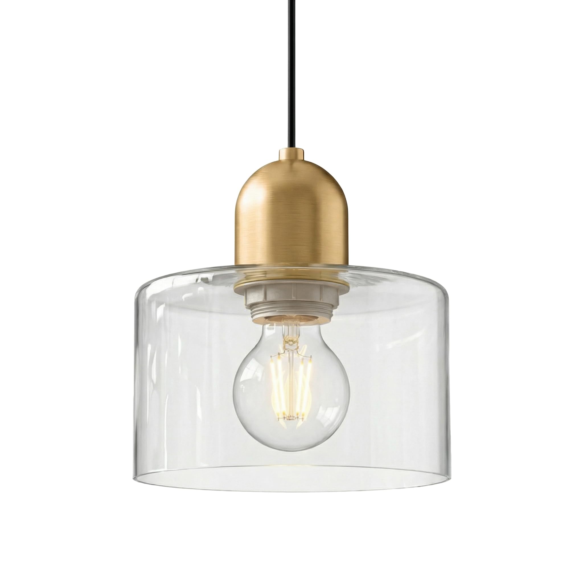 LFsem 20cm Round Glass Pendant Light for Dining Room & Bedroom, Gold Metal E27 Pendant Ceiling Light Fixture for Kitchen Island & Living Room, Modern Retro Style (Clear)