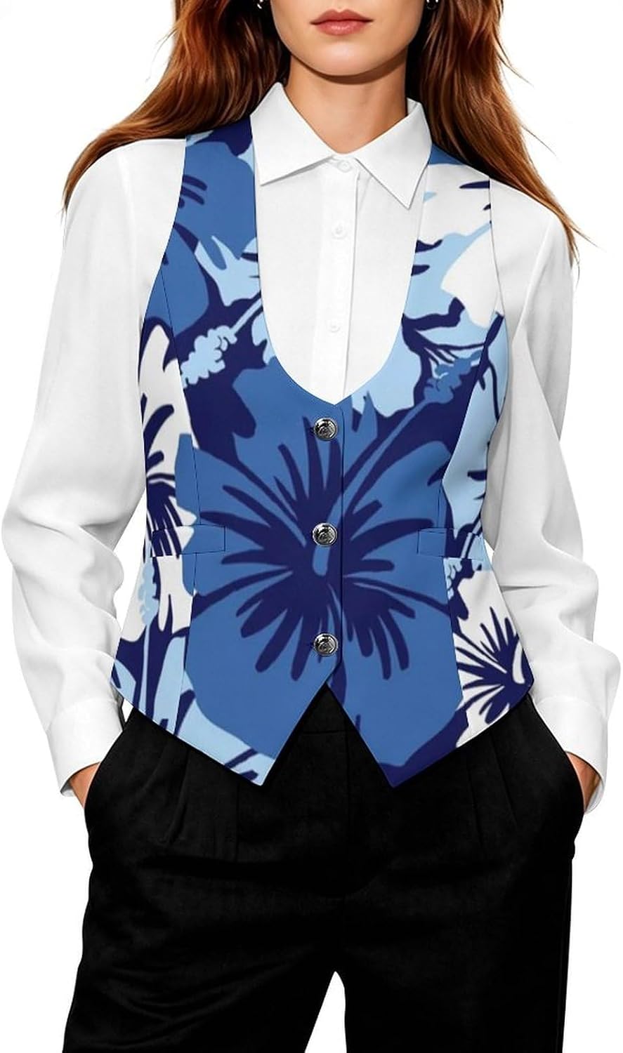 Blue Hibiscus Women's Suit Vest V Neck Button Down Waistcoat Jacket Business Casual Tops