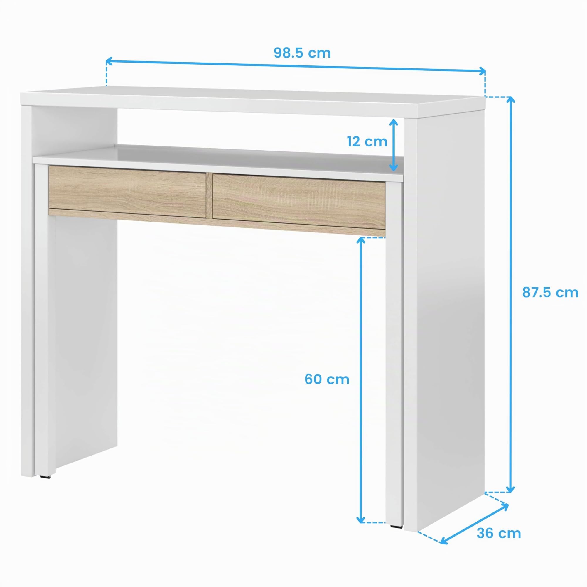 Habitdesign, ausziehbarer Schreibtisch Konsole in Artik weiß und kanadische Eiche – kompakter Tisch für Büro, Flur oder Arbeitszimmer, Maße: 98,5 x 87,5 x 36–70 cm (B x H x T)