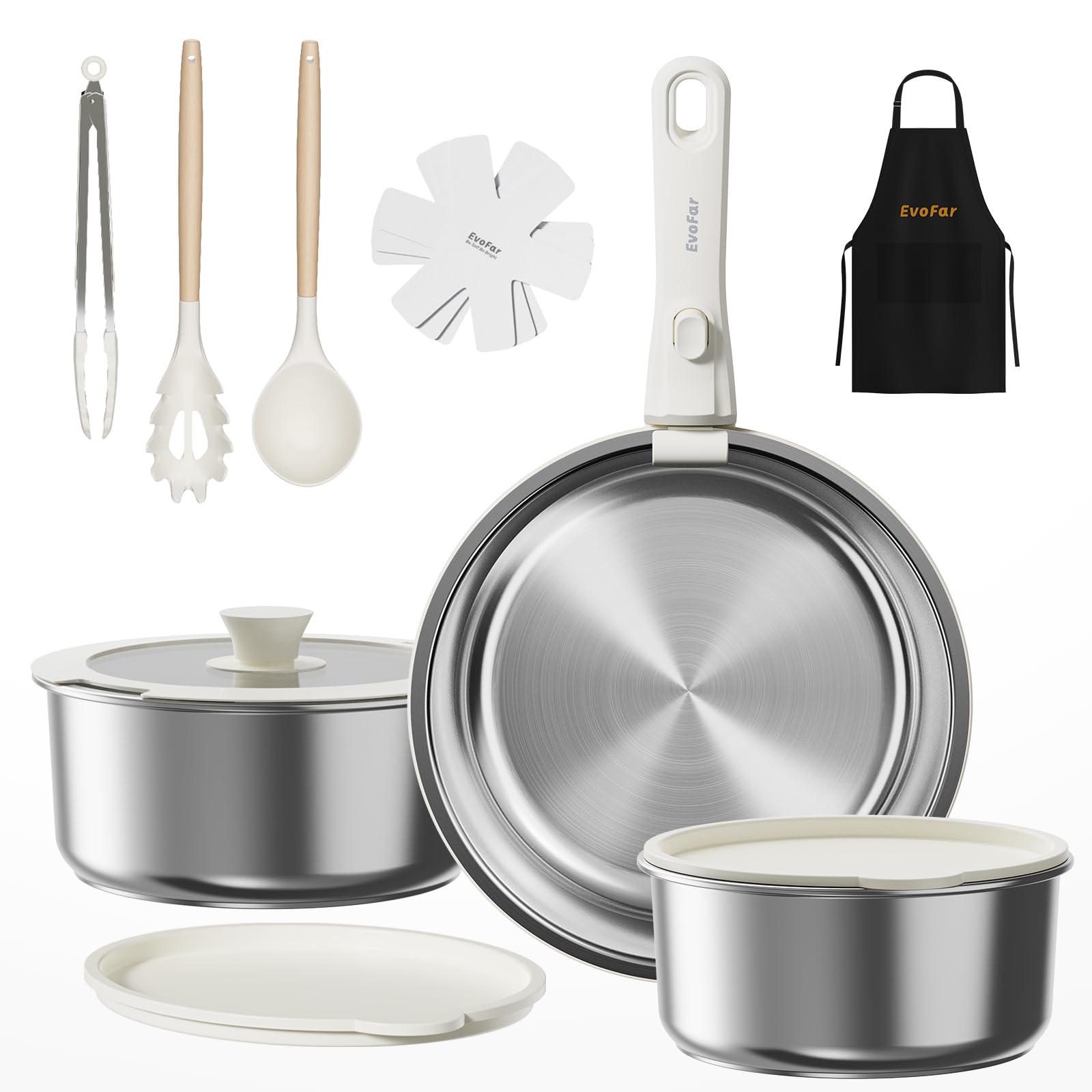 EvoFar Topfsets Edelstahl Pfannenset 14-Teilig Keramik Kochgeschirr Set mit Abnehmbaren Griffen, Pfanne 24cm, Topf 18/20cm, Stapelbar Topfset Für alle Herdarten