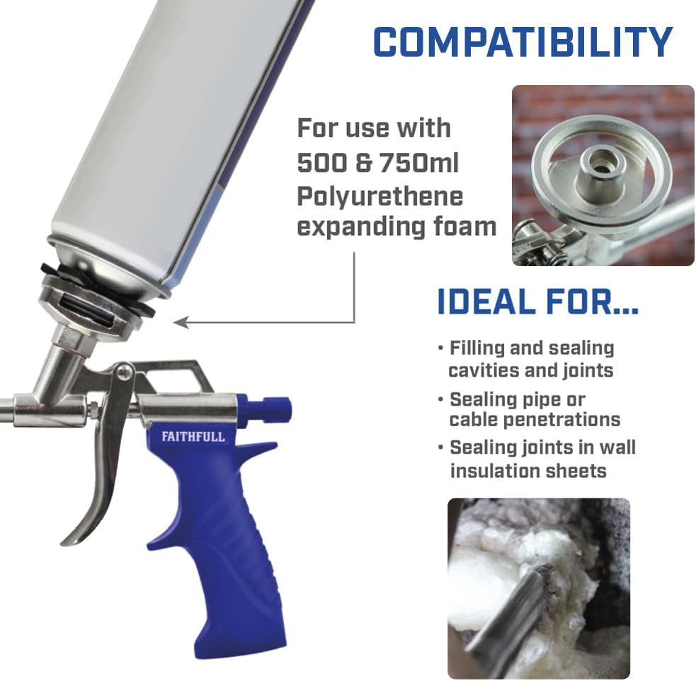 Faithfull Foam Spurt Gun, Stainless Steel Barrel & Needle, Sealant Dispensing Spray Applicator