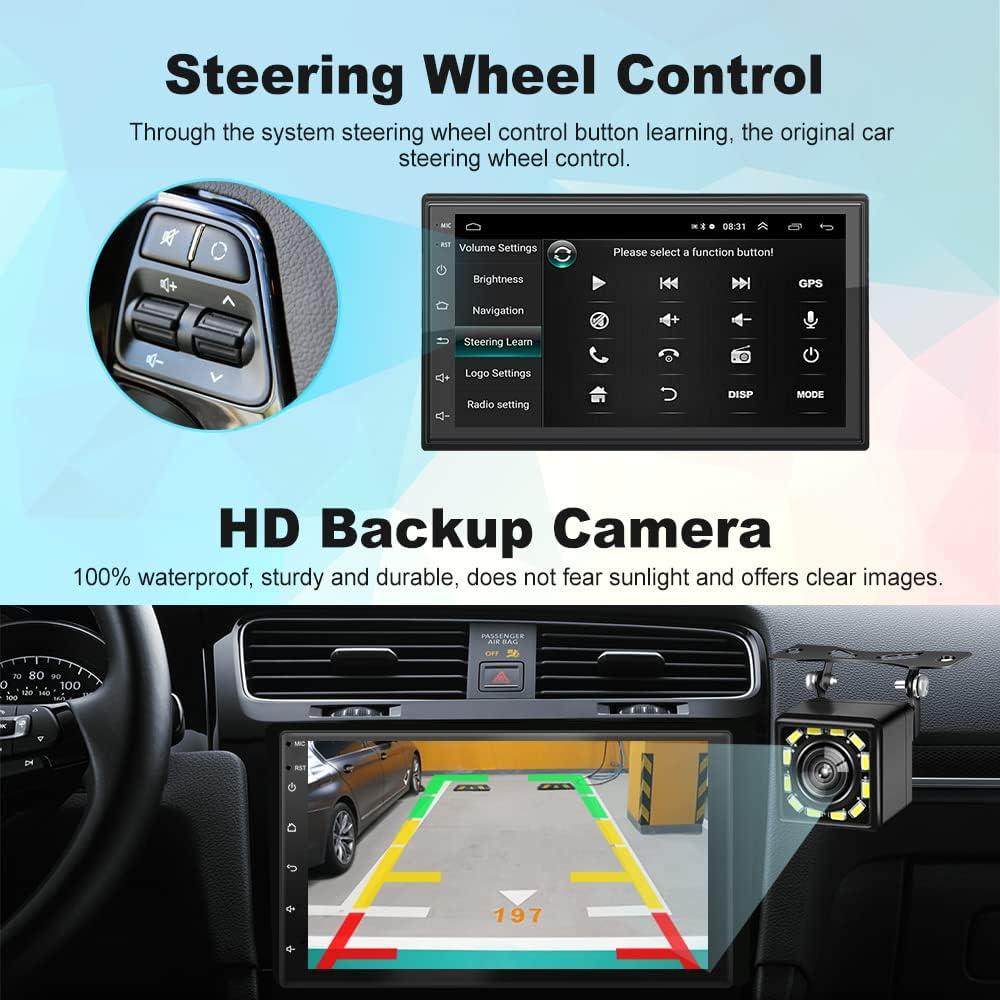 Image showing a car steering wheel with control buttons and the car stereo display with a 'Steering Learn' menu, indicating the steering wheel control feature.