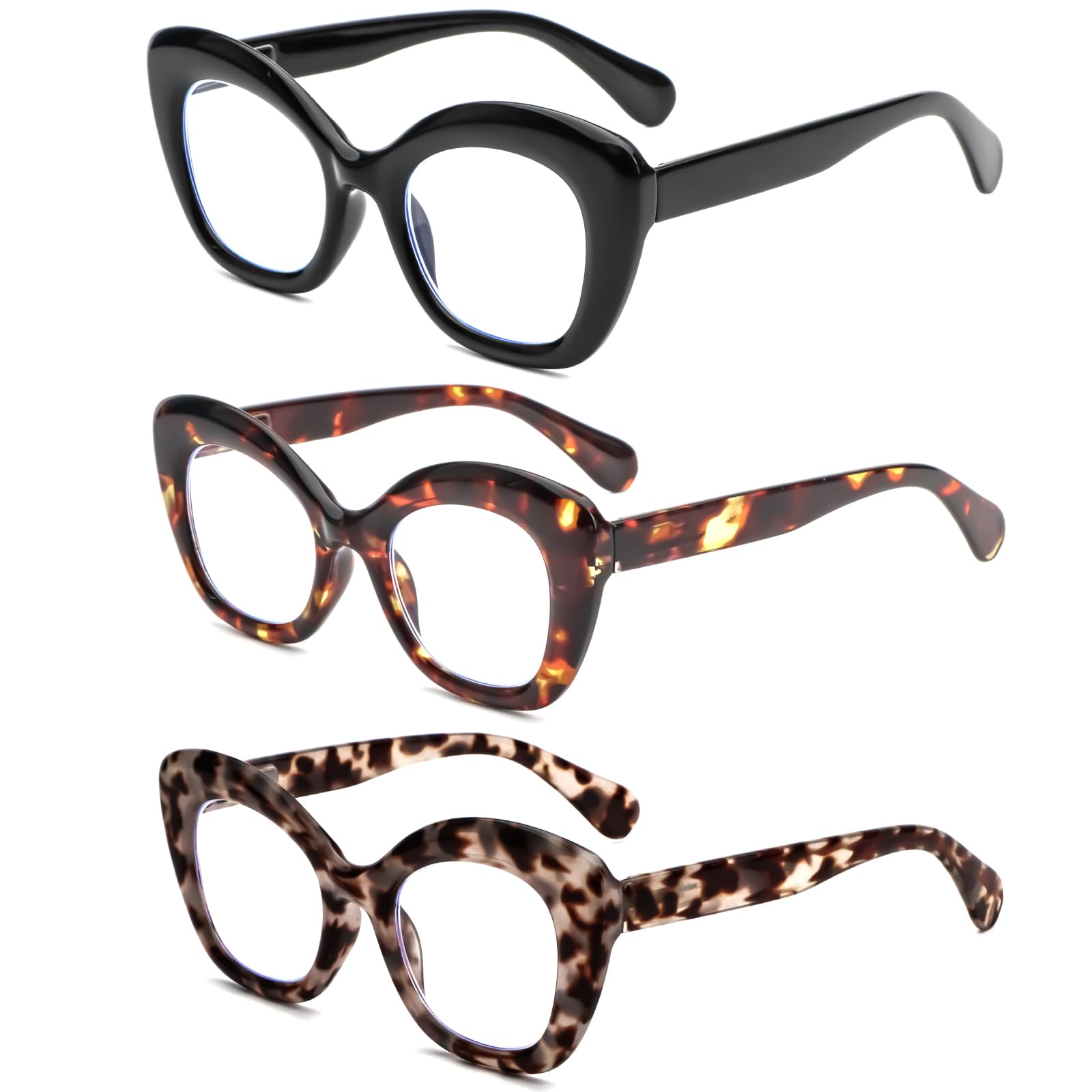 MMOWW Paquete de 3 Gafas de Lectura Ojo de Gato - Elegante Montura de Gafas con Anti Luz Azul para Mujeres y Hombres Bisagras de Muelle
