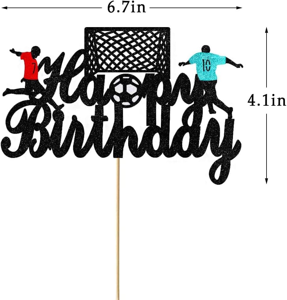 Soccer Cake Topper Happy Birthday Cake Decorations for Boys Girl Glitter Soccer Sport Theme Happy Birthday Party Decorations Supplies Black
