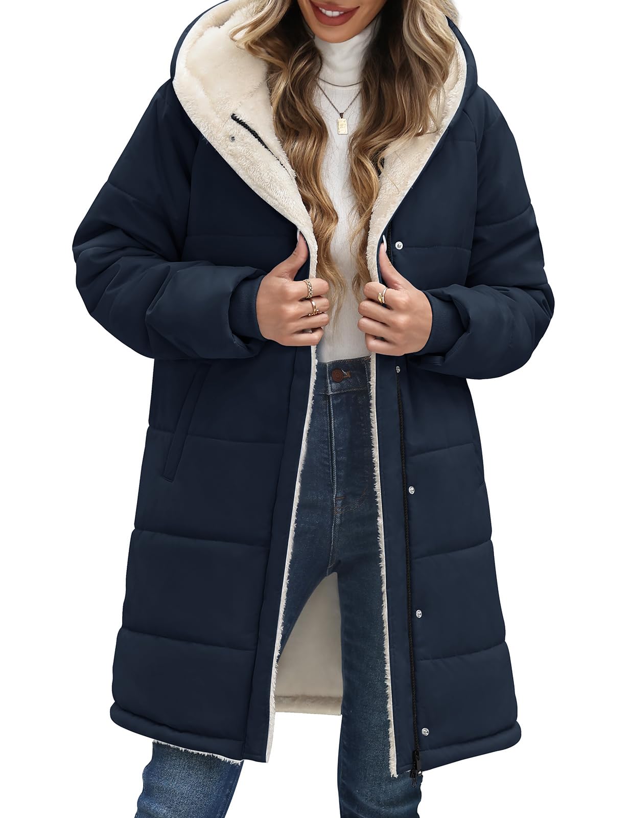 Vancavoo Abrigo de Invierno Mujer Medio Largo Acolchado Chaqueta Parka | Repelente al Agua, Forro Polar Cálido, Capucha Fija, Cremallera, Botones a Presión y Bolsillos Laterales