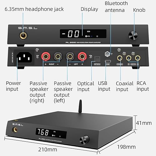 Miniatura 4 de S.M.S.L Amplificador estéreo integrado AL200, amplificador de auriculares de audio clase D de 2 canales, chip MA5332MS XMOS XU-316 MQA DSD nativo