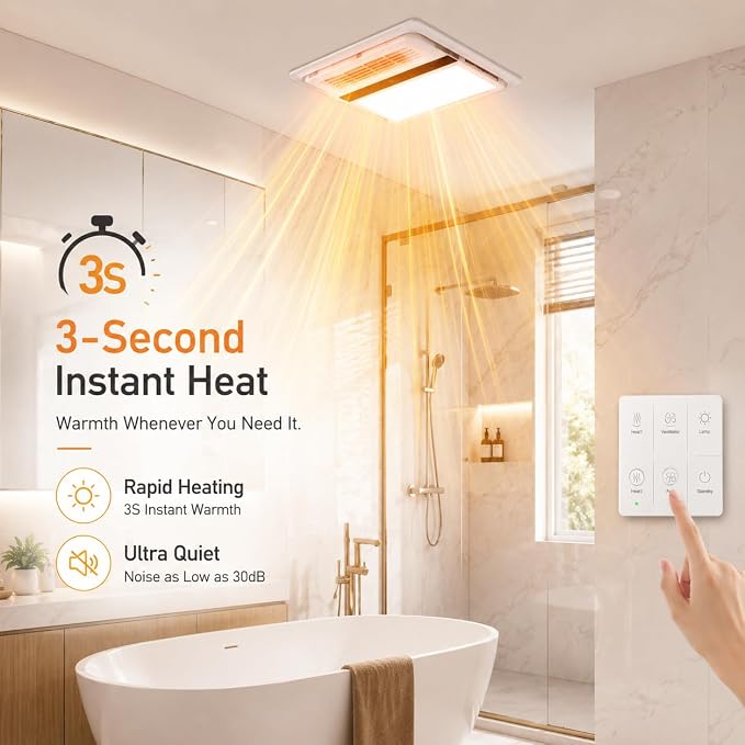 Extracto para baño con calefactor de 1800 W y luz LED, 140 CFM, instalación en techo, color blanco miniatura 3