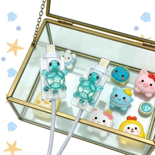 2 Pcs Cute Cable Protectors Compatible for Apple Cables, Charger End Cord Protector with 3D Sparkling Turtle Design, Data Cable Protection Compatible with iPhone iPad USB Type-C/L-Cyan