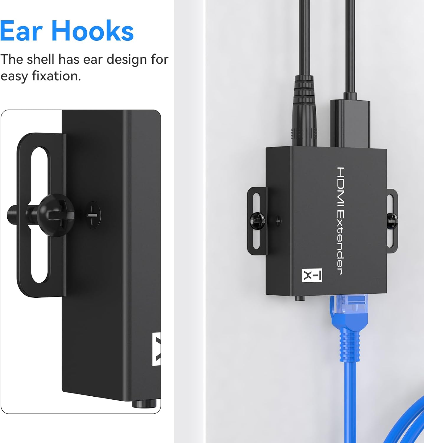 Image showing the ear hook design for easy mounting of the HDMI extender units.