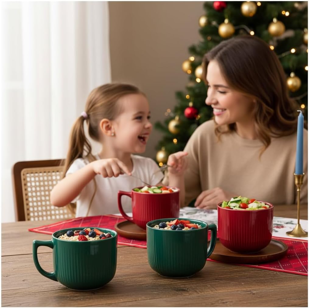 Ceramic Soup Bowl with Handle, 32 oz Microwave Safe Extra Large Mug for Ramen, Oatmeal, Cereal, Breakfast,Coffee, Porcelain Bowls with Handles, Dishwasher Safe, Mothers Gift, Set of 2 (Red & Green)