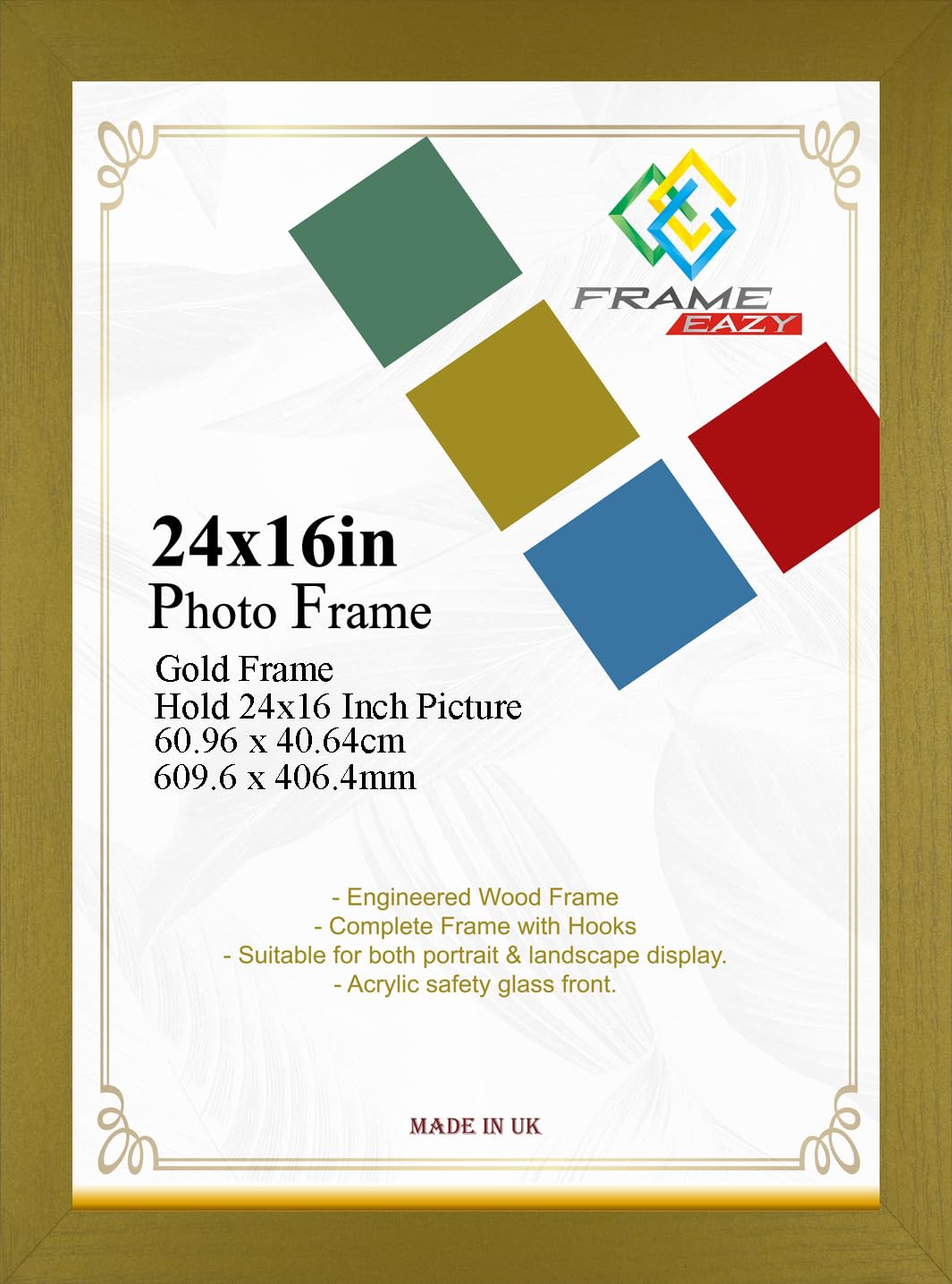 Modern Gold Frame 24 x 16 Inch (60.96 x 40.64cm) Large Picture Poster Frames with Safe Clear Perspex Front & Wall Mounting - Gold 16" x 24" Premium Wall Photo Frames