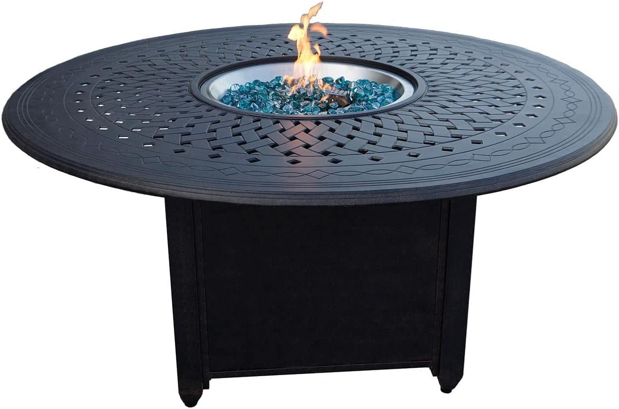 Darlee AC Series 60-Inch Round Propane Fire Pit Dining Table - Cast Aluminum Fire Table in Antique Bronze for Outdoor Patios