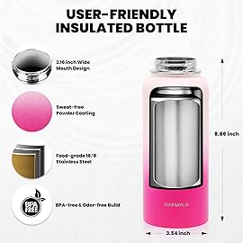 RAYMYLO Insulated Water Bottle 32 oz, Triple Wall Vacuum Stainless Steel (Cold for 48 Hrs), Leak Proof & Non-BPA, Modern Water Flask Jug with Paracord Handle & Straw Spout Lids, Ombre Pink