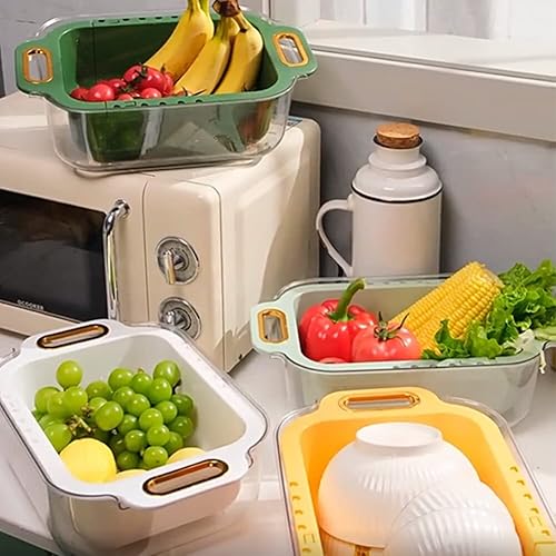 Miniatura 9 de Colador sobre el fregadero con cuenco extensible para lavar la cocina, 2 en 1, de doble capa y cesta para lavado de frutas y verduras, pasta de